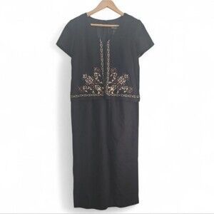 Positive Attitude Vintage Black Beaded Linen Rayon Dress Women’s 6 Petite Lined